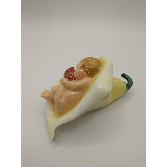 Hand-Painted Enameled Baby Sleeping in a Lily Flower Trinket Box - Picture 3 of 7